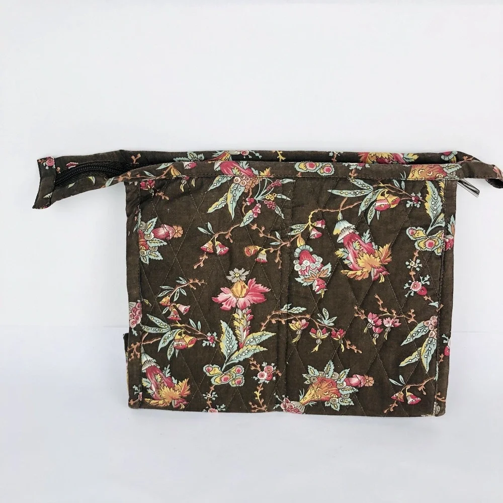 Garnet Hill 3-pc Quilted Toiletry Cosmetic Tote Purse Bag Brown Floral Set